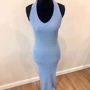 Elegant Blue Knit Halter Dress